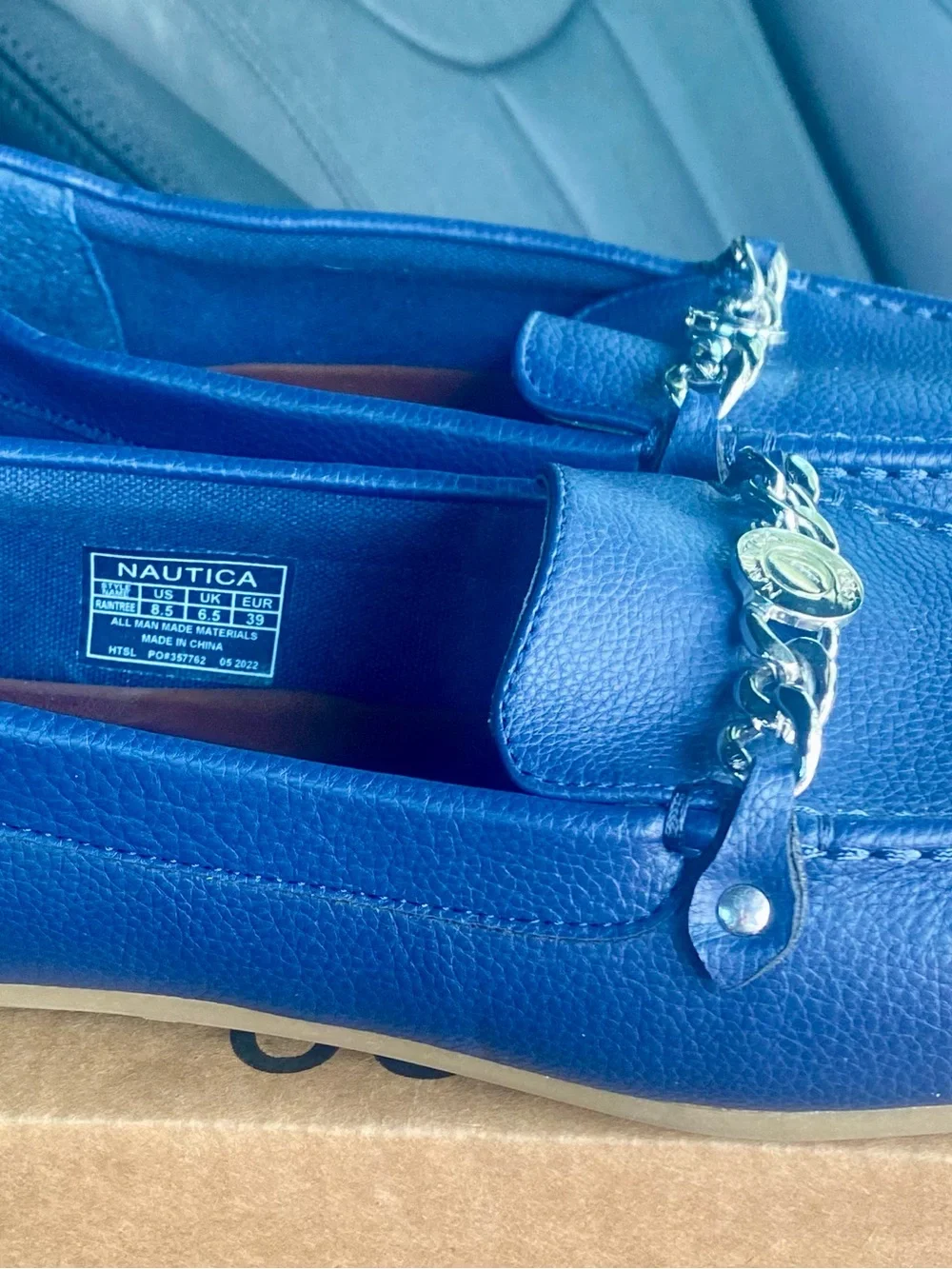 Nautica Royal Blue Pebbled Leather Loafers with Silver Chain